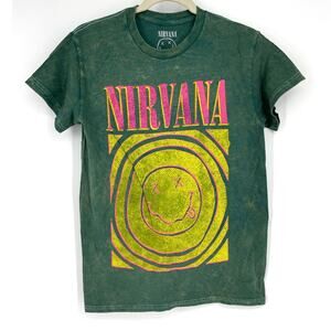 Officially‎ Licensed Nirvana Smiley Face Tee Green Acid Wash Small